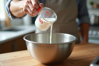 Main de boulanger versant 50 ml de lait dans un bol en inox