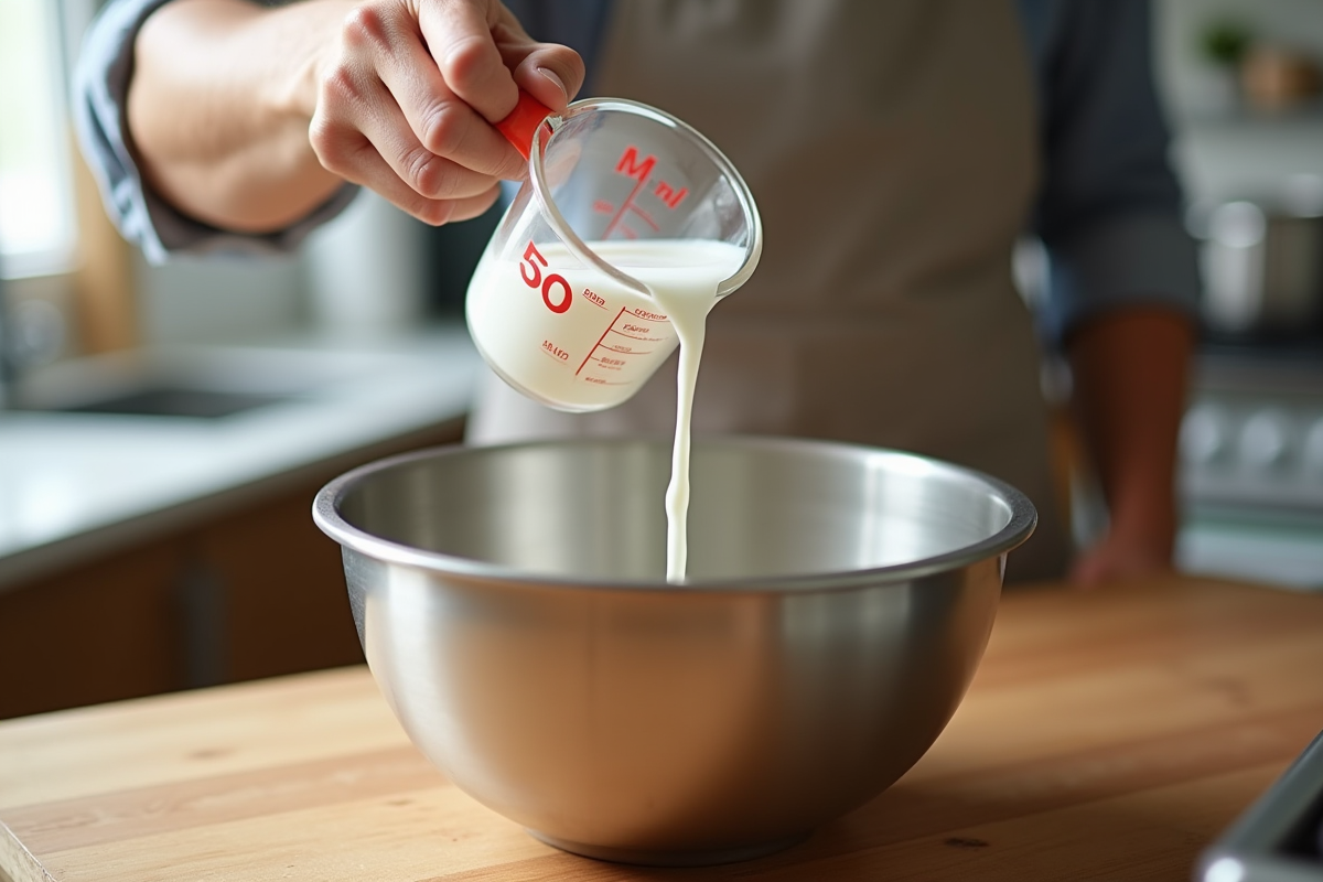 Main de boulanger versant 50 ml de lait dans un bol en inox