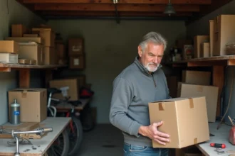 Homme triant des objets et outils dans un garage encombré lors d'un débarras à Pontivy