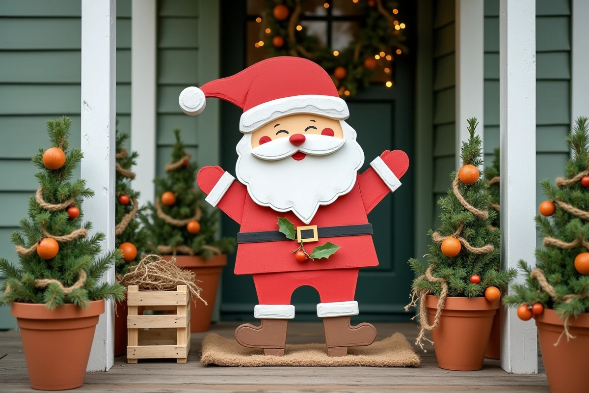 Décoration extérieure de Noël éco-responsable sur un porche avec père Noël en contreplaqué recyclé et ornements naturels