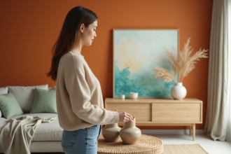 Salon avec décor organique et vases en céramique