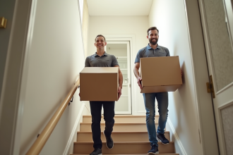 Deux déménageurs professionnels dans un appartement lumineux