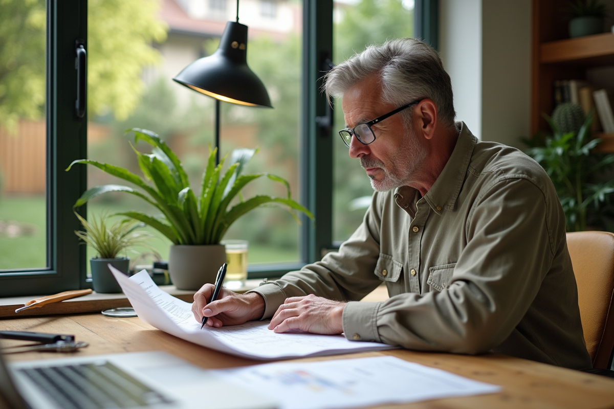 Paysagiste homme en travail reviewant plans dans un bureau lumineux
