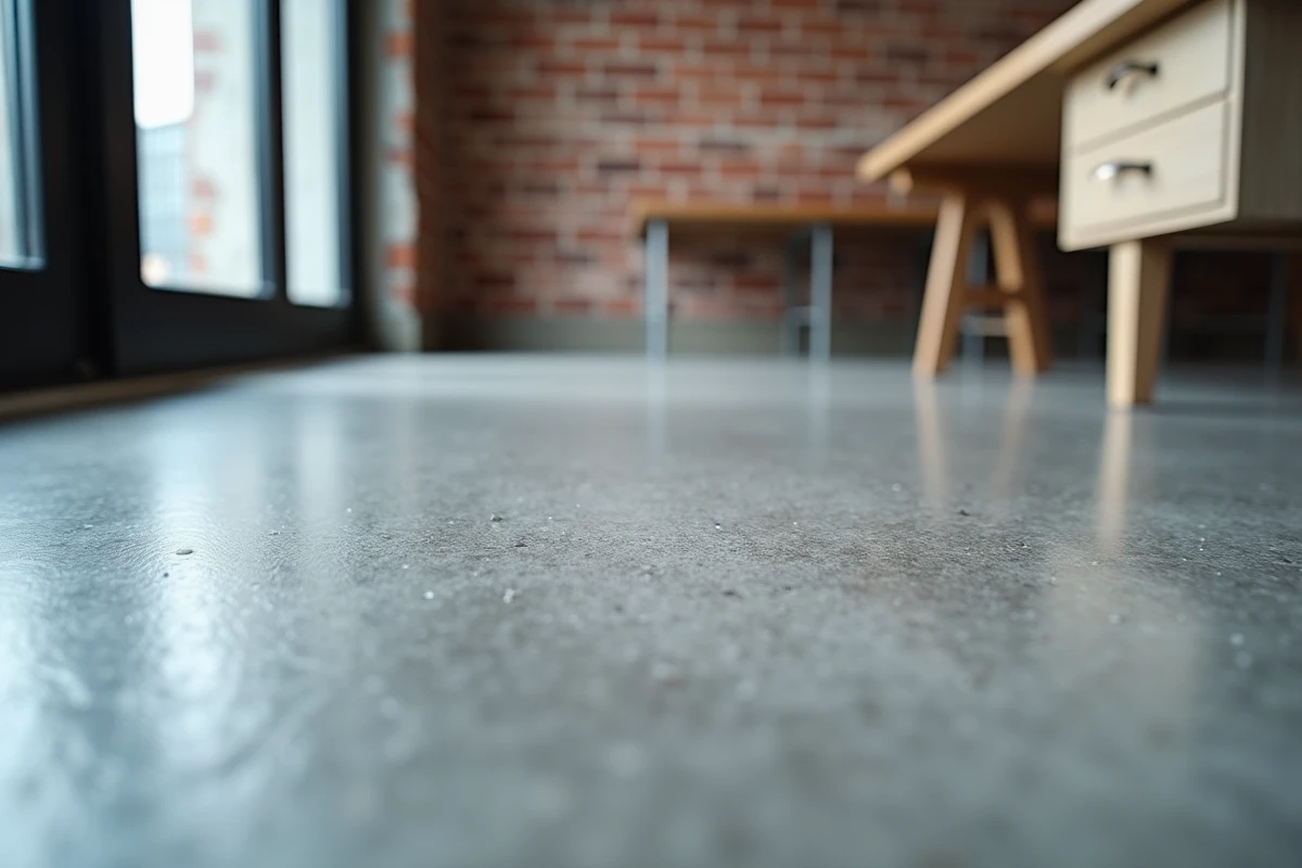 Gros plan sur la surface d'un béton brut sol poli sans fissures ni poussière dans un loft moderne
