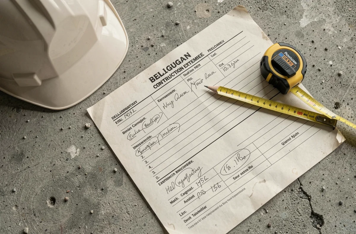Devis de chantier annoté posé sur un sol en béton avec outils de mesure sur site