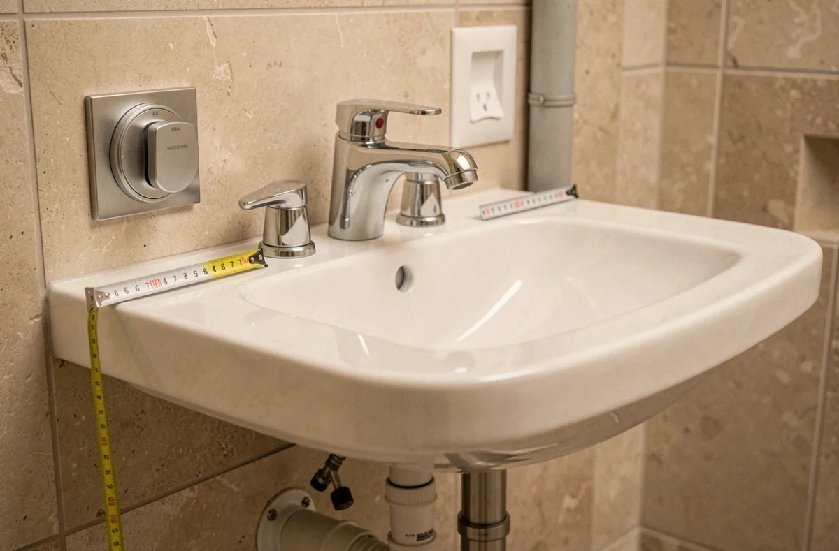 Détail d'un lavabo PMR avec robinetterie à levier et ruban à mesurer montrant les dimensions réglementaires pour personne à mobilité réduite