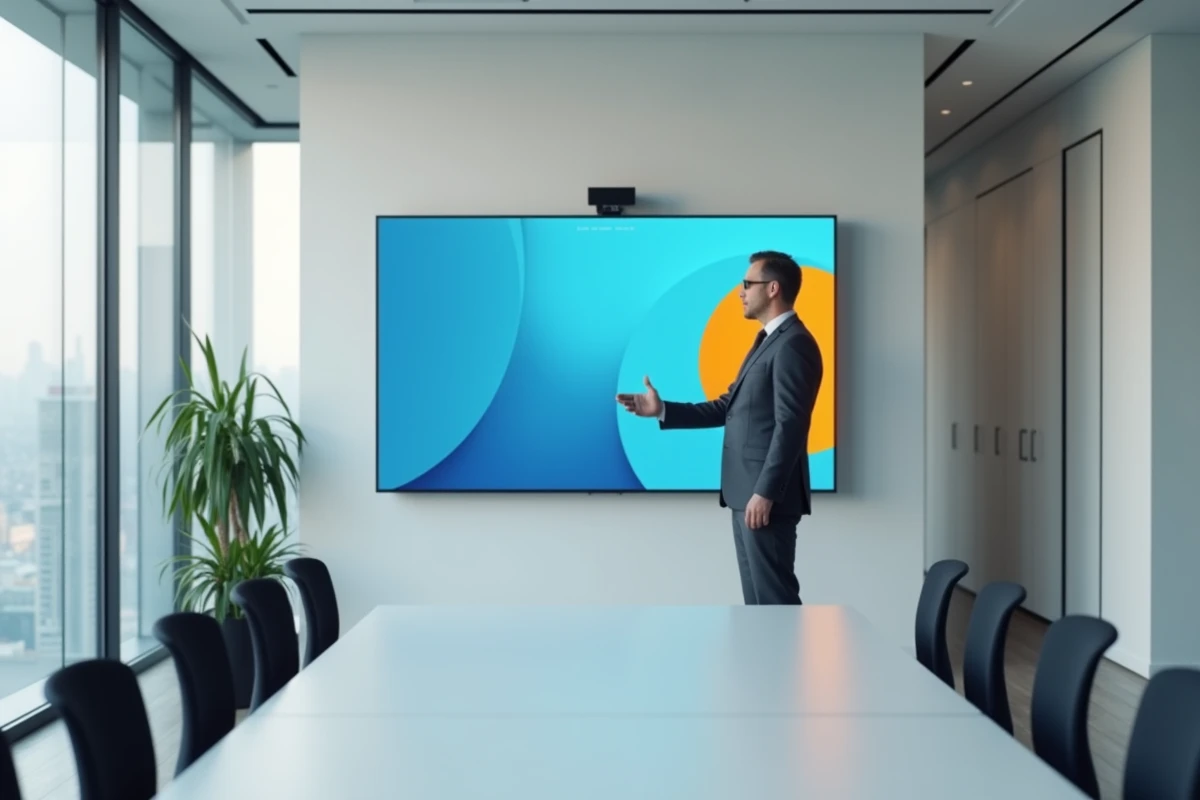 Directeur créatif présentant un système de couleurs bleu et orange complémentaire sur un écran numérique dans une salle de réunion moderne