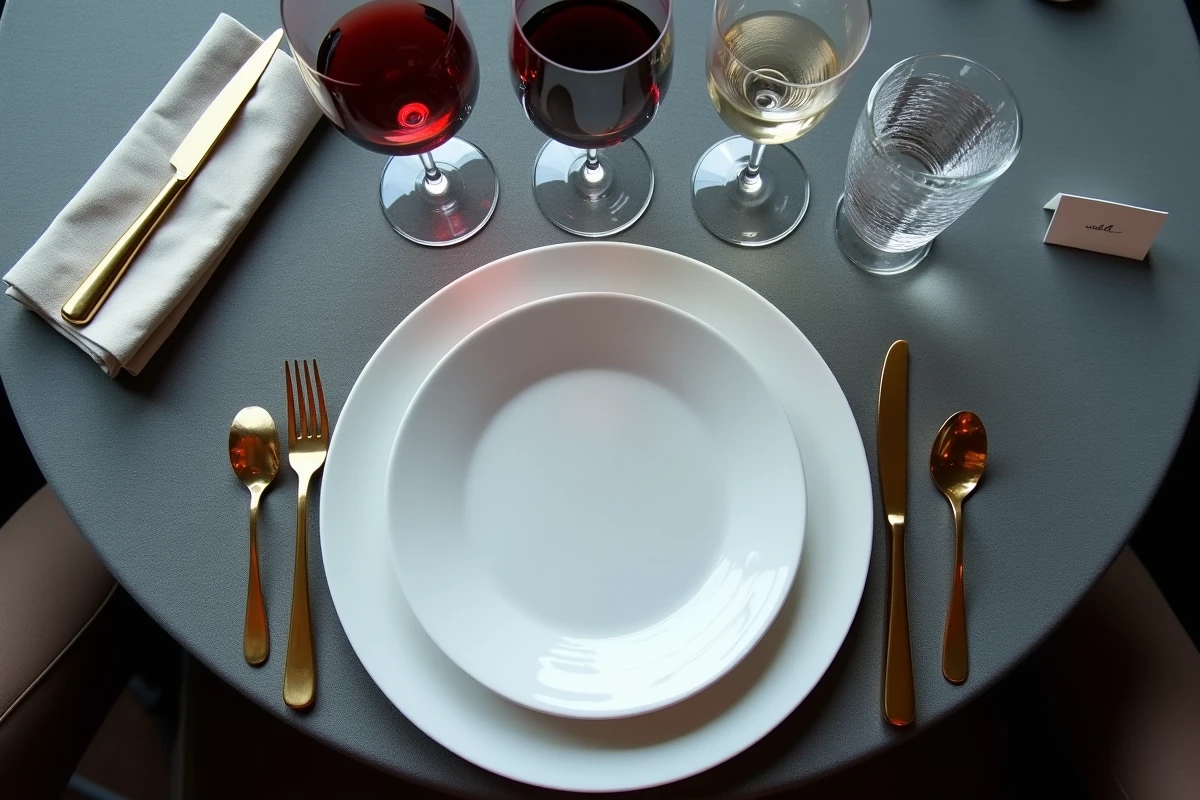 Vue de dessus d'une mise en place de verres pour un dîner gastronomique avec disposition triangulaire classique