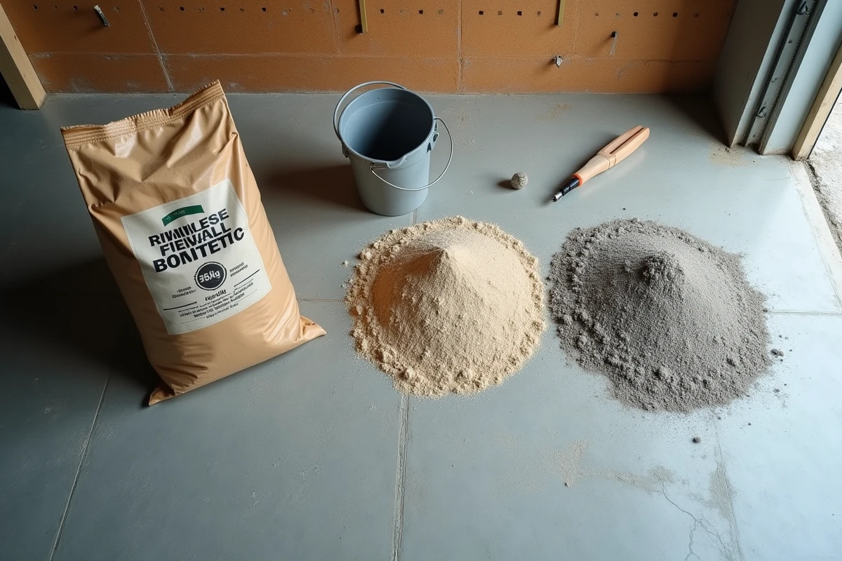 Vue aérienne d'un sac de ciment 25 kg ouvert avec du sable et du gravier dosés pour une chape mortier