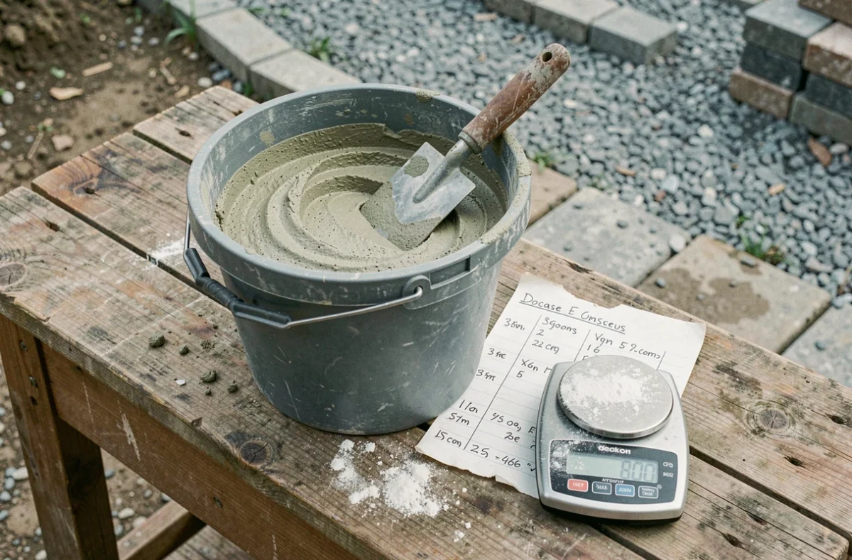 Seau de mortier chaux sable avec truelle et tableau de dosage sur chantier de terrasse