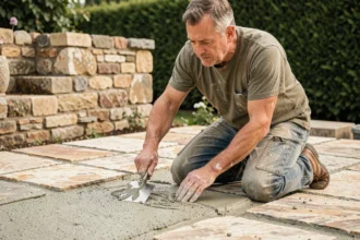 Maçon appliquant un mortier chaux sable sur une terrasse en pierre naturelle avec une truelle