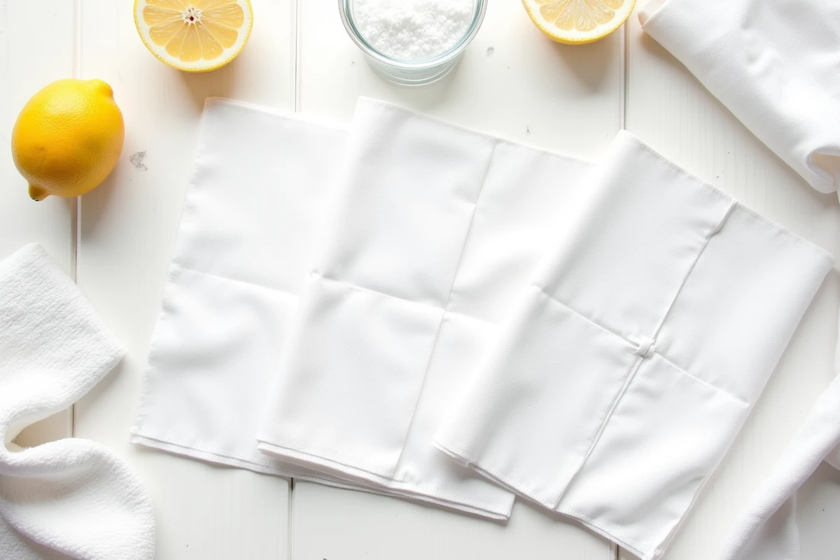 Vue de dessus d'échantillons de tissus blancs grisâtres avec des ingrédients naturels pour raviver le linge blanc