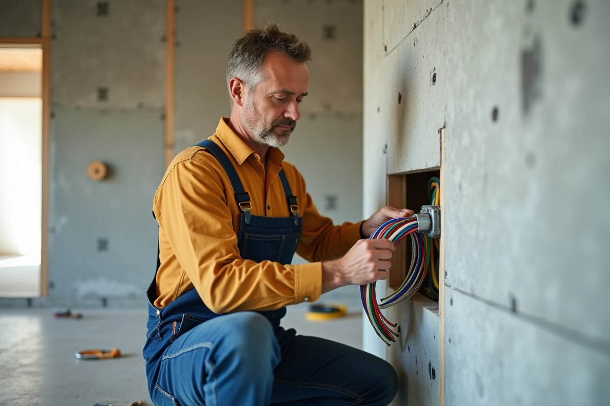 Installateur électrique en action dans un mur en construction