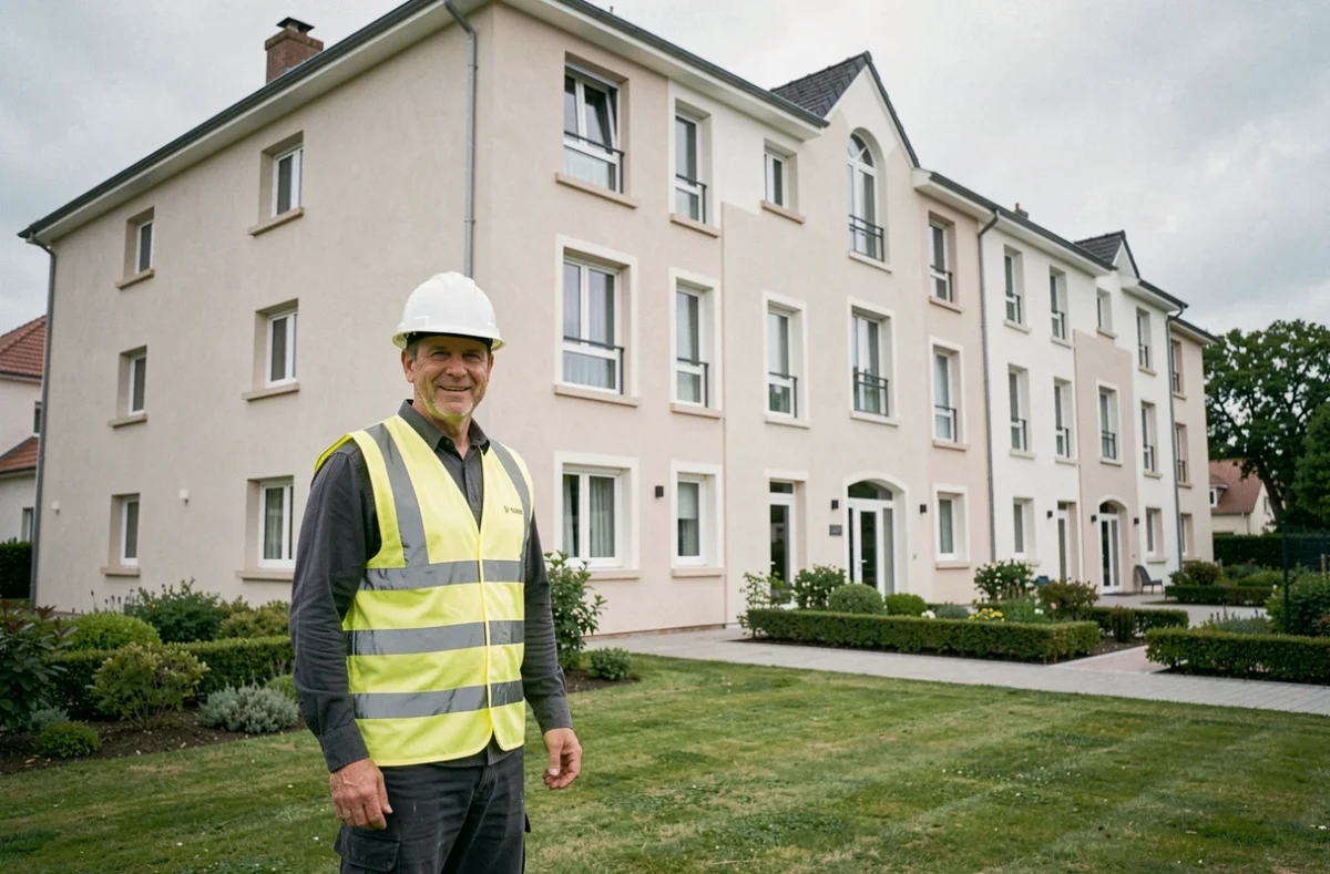 Chef de chantier d'Elite Constructions devant un immeuble résidentiel rénové avec façades refaites en Seine-Maritime