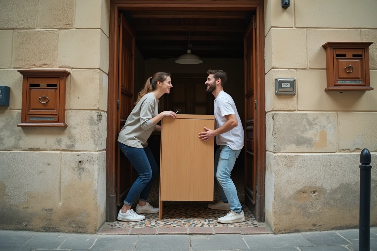 Couple qui emménage dans un immeuble ancien, transportant une étagère à travers la porte d'entrée en riant