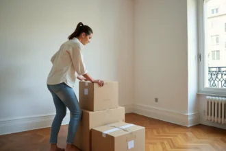 Femme en train d'emménager dans un appartement vide avec des cartons de déménagement, expression pensive et naturelle