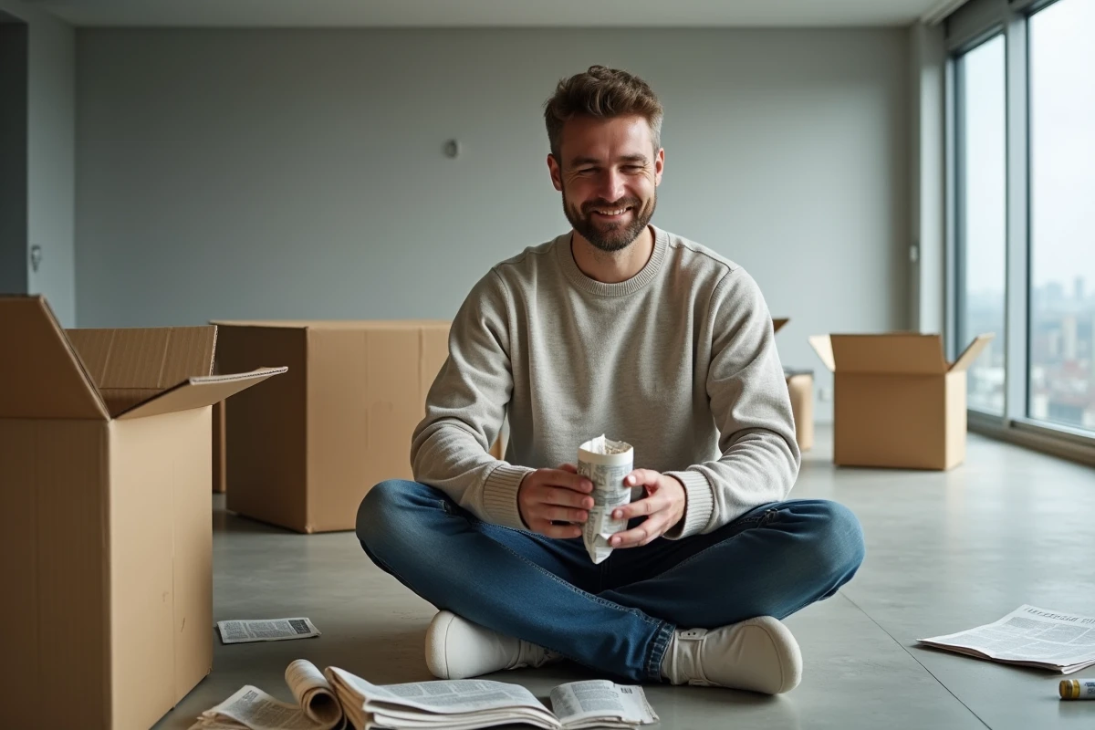Homme assis parmi des cartons ouverts lors d'un emménagement, déballant ses affaires avec une expression nostalgique