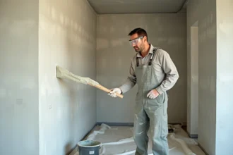 Homme appliquant de l'enduit sur un mur en parpaing intérieur avec une taloche en acier lors d'une rénovation