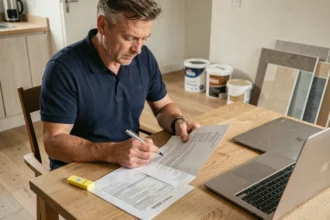 Entrepreneur examinant un devis de travaux détaillé ligne par ligne avant signature