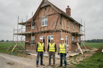 Équipe de rénovation professionnelle devant une maison normande en brique et colombages en Seine-Maritime, avec des échafaudages et un paysage verdoyant en arrière-plan