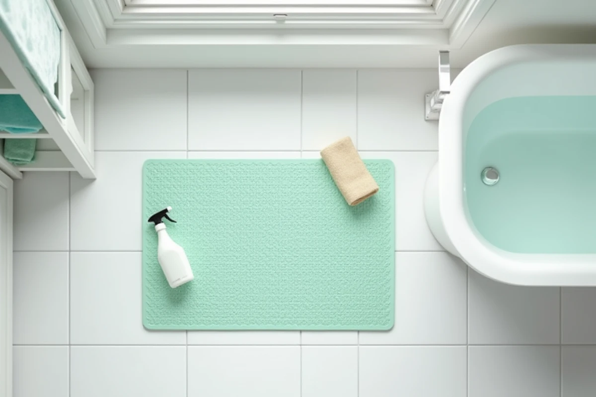 Tapis antidérapant de bain vert posé au sol avec spray vinaigre blanc et chiffon microfibre pour l'entretien