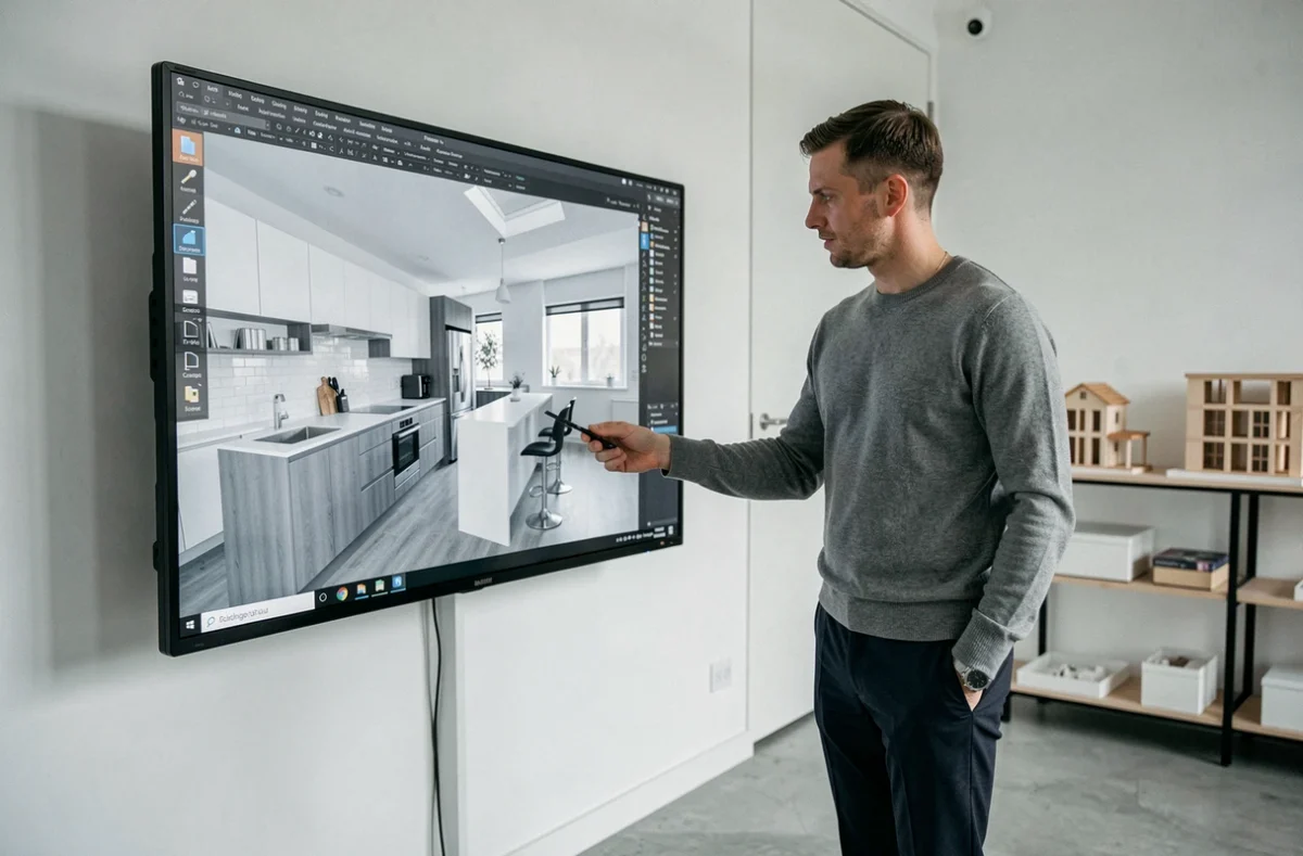 Designer d'EODesign travaillant sur un projet de cuisine contemporaine avec rendu 3D sur écran