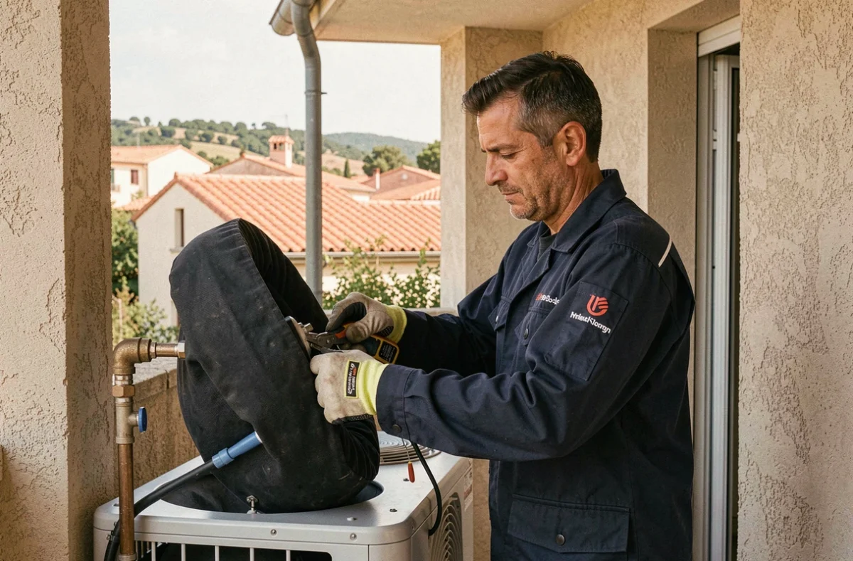 Technicien EPSI Manosque réalisant l'installation d'une pompe à chaleur sur une façade résidentielle