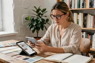 Femme utilisant une application de décoration intérieure sur tablette avec des échantillons de couleurs sur son bureau