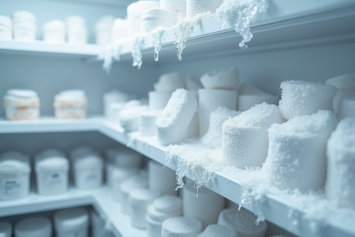 Etagères de congélateur avec givre blanc et aliments organisés
