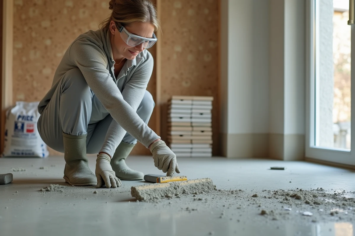 Femme étalant une chape mortier fraîche dans une salle de bain en rénovation avec un sac de ciment 25 kg visible