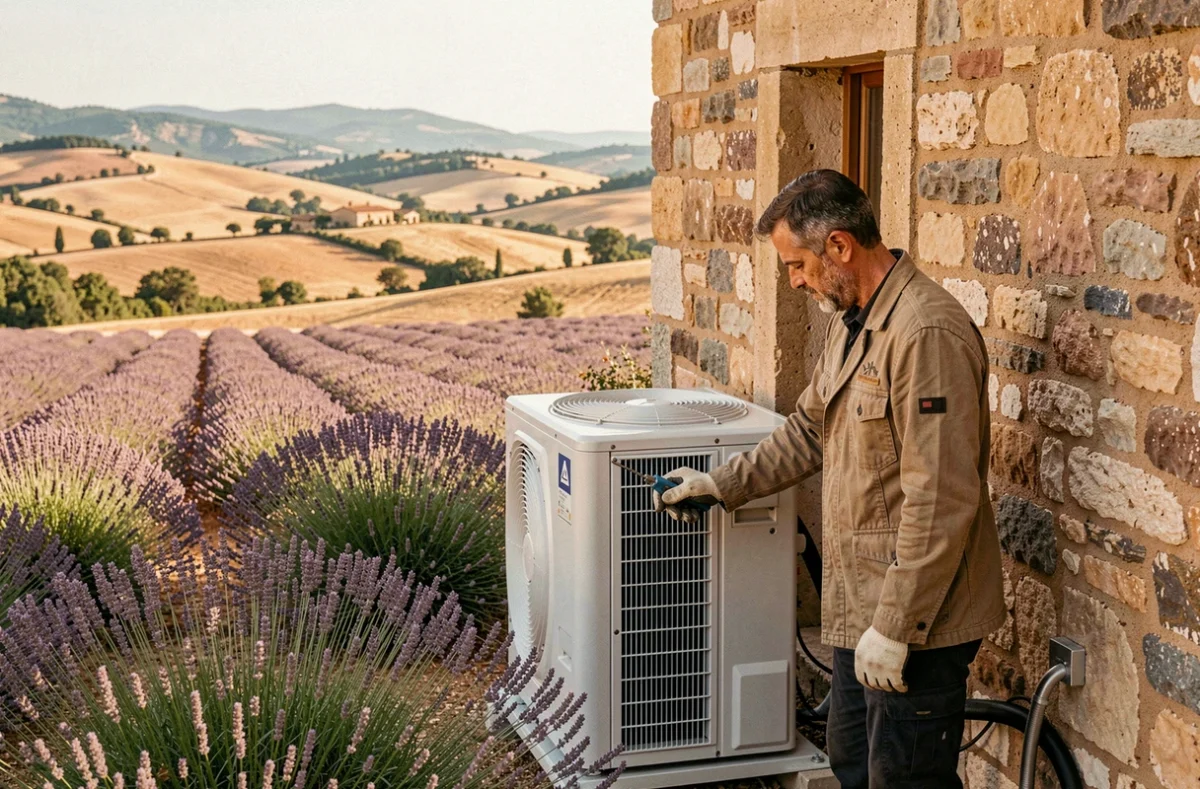 Technicien Ets Baugey Apt installant une pompe à chaleur contre le mur en pierres sèches d'une ferme du Luberon avec vue sur les champs de lavande