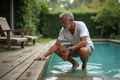 Homme examine le bois d'une piscine en bois vieillie