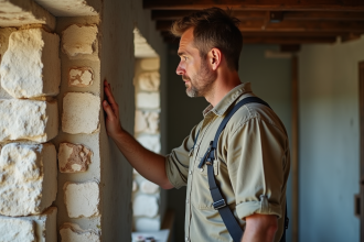 Spécialiste en bâtiment examinant un mur en pierre ancien