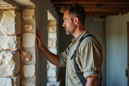 Spécialiste en bâtiment examinant un mur en pierre ancien