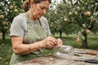 Femme assemblant un piège à phéromone maison contre le ver de la pomme sur un établi de jardin en bois