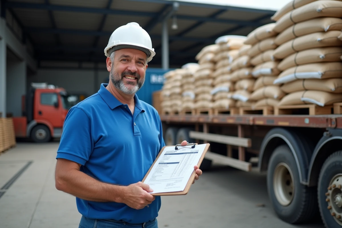 Coordinateur logistique examinant une facture de livraison de sable en m3 sur un quai de chargement