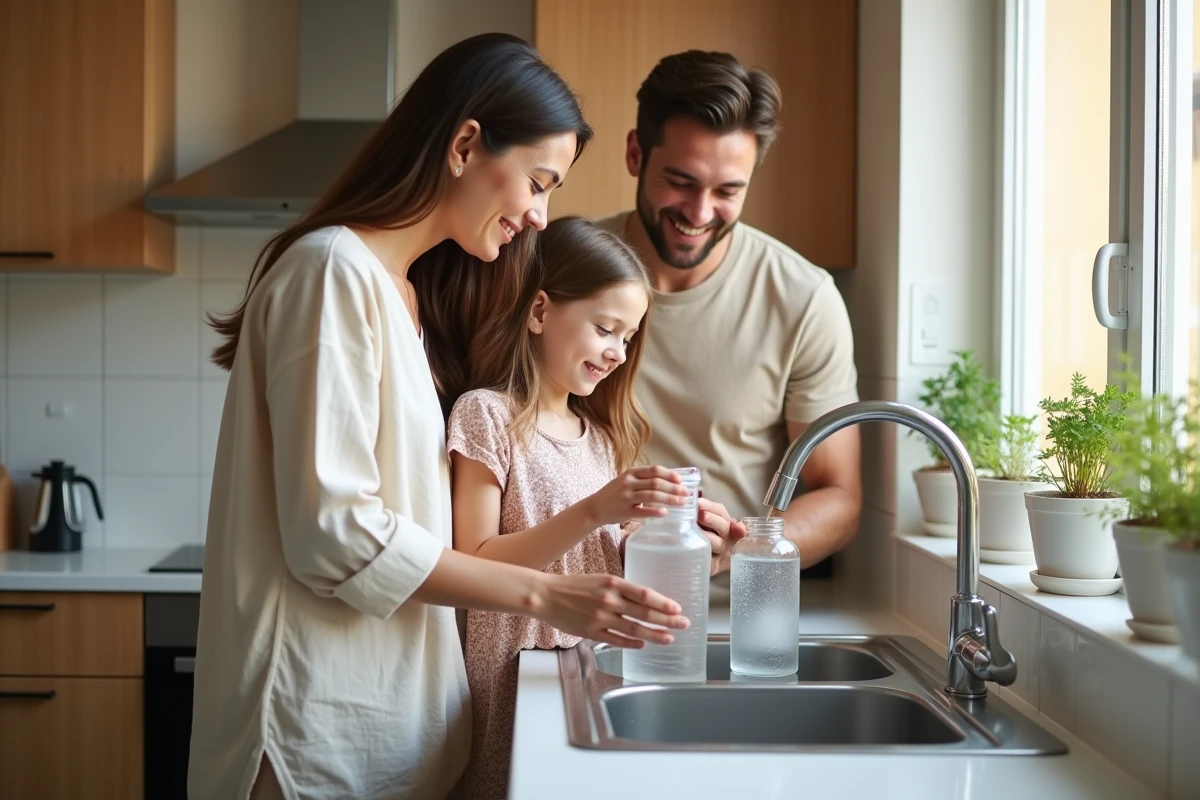 Famille souriante dans la cuisine écologique en famille
