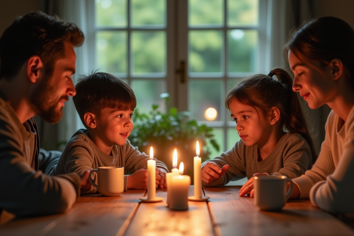 Famille autour de la table soufflant des bougies dans un cadre familial chaleureux