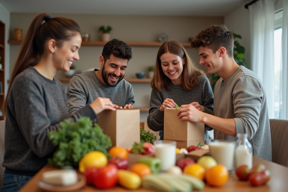 Famille déballant une commande de courses livrée à domicile par Carrefour en ligne dans leur salle à manger