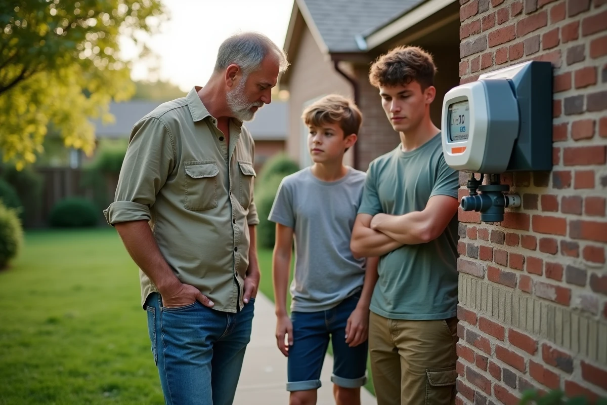 Famille dehors autour du compteur d