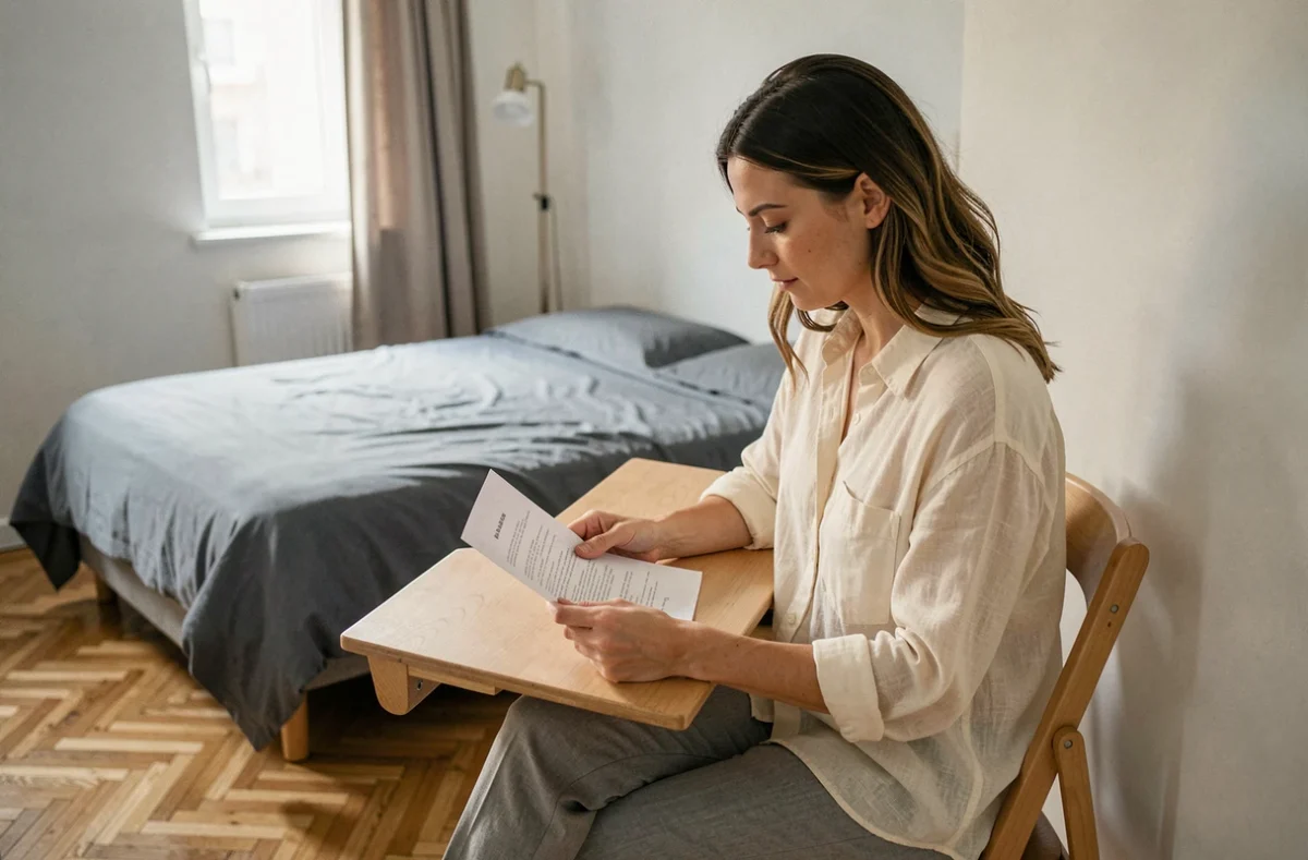Femme travaillant à un bureau discret dans un coin de suite parentale de petite taille avec parquet clair et literie bleue