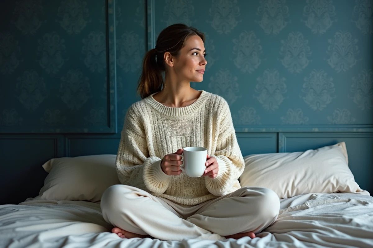 Femme détendue dans une chambre cocooning avec papier peint bleu ardoise et literie en lin naturel