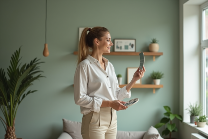 Femme choisissant une couleur de peinture dans un salon moderne