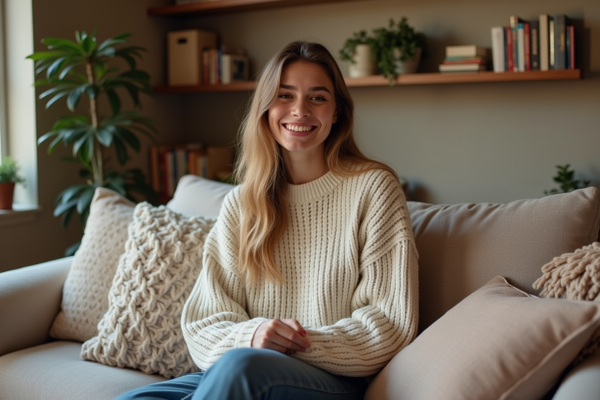 Jeune femme en pull dans un salon de sous-sol chaleureux