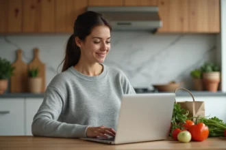 Femme utilisant un ordinateur portable pour faire ses courses en ligne sur le site Carrefour depuis sa cuisine moderne