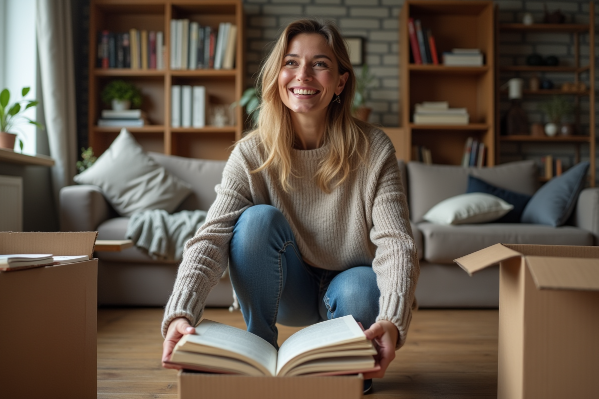 Femme en train de trier des livres dans un appartement
