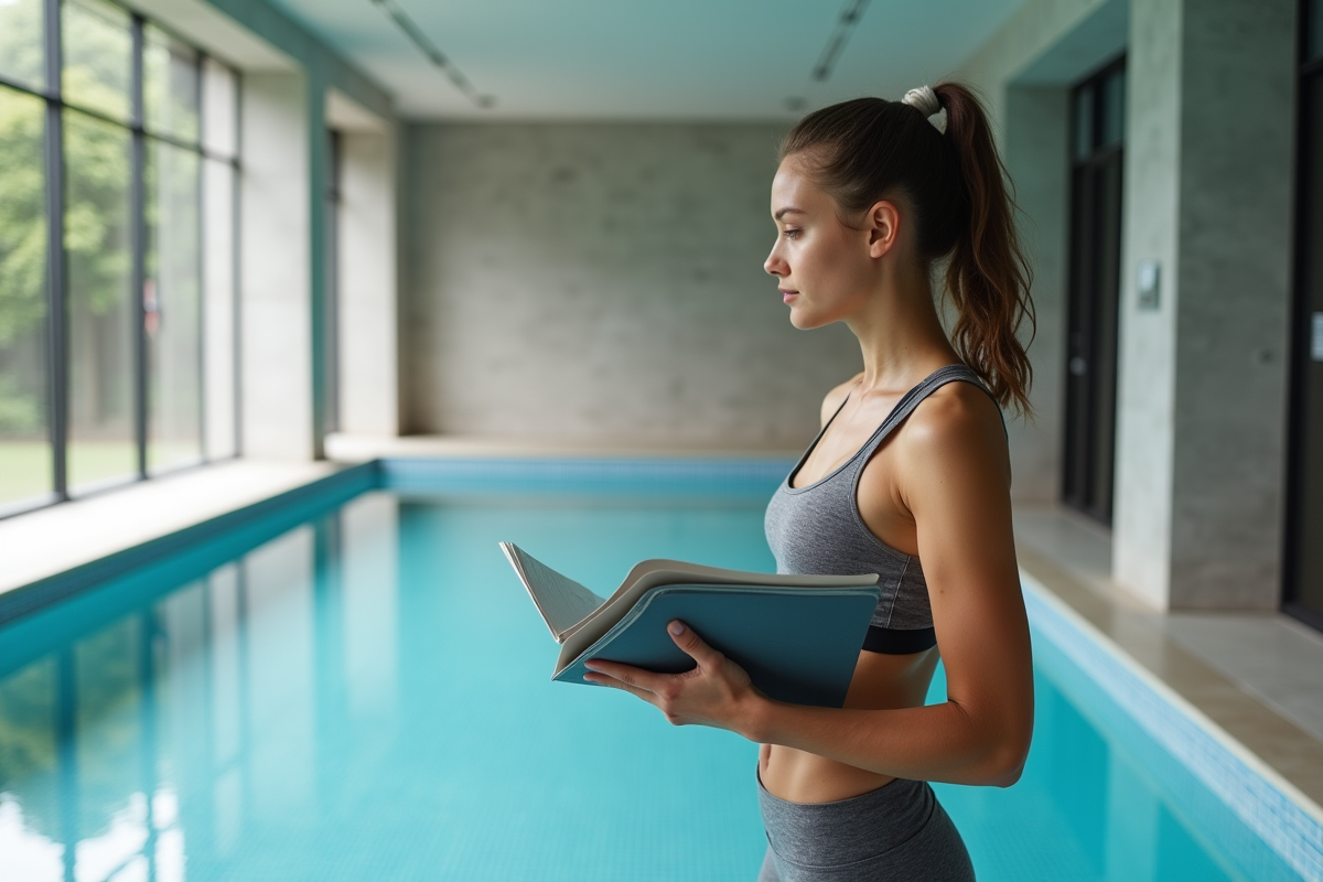 Jeune femme comparant des échantillons de piscine intérieure