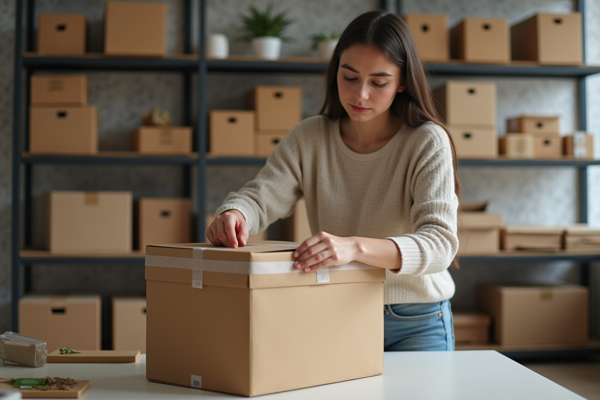 Jeune femme emballant un colis avec du ruban écologique
