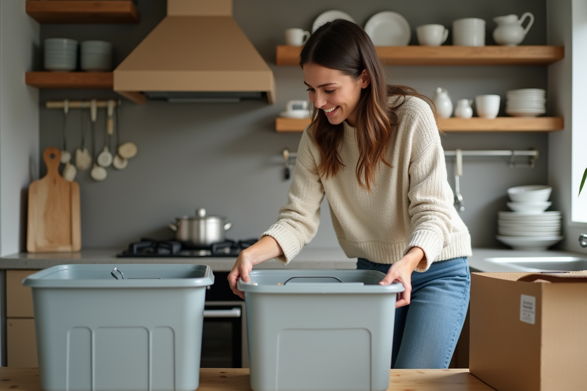 Femme emballant des ustensiles de cuisine dans une cuisine chaleureuse