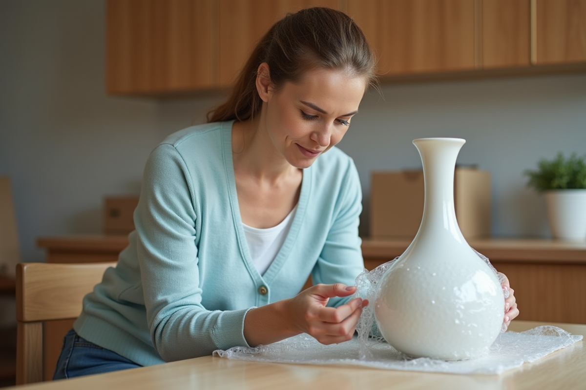 Femme emballant un vase en porcelaine dans la cuisine